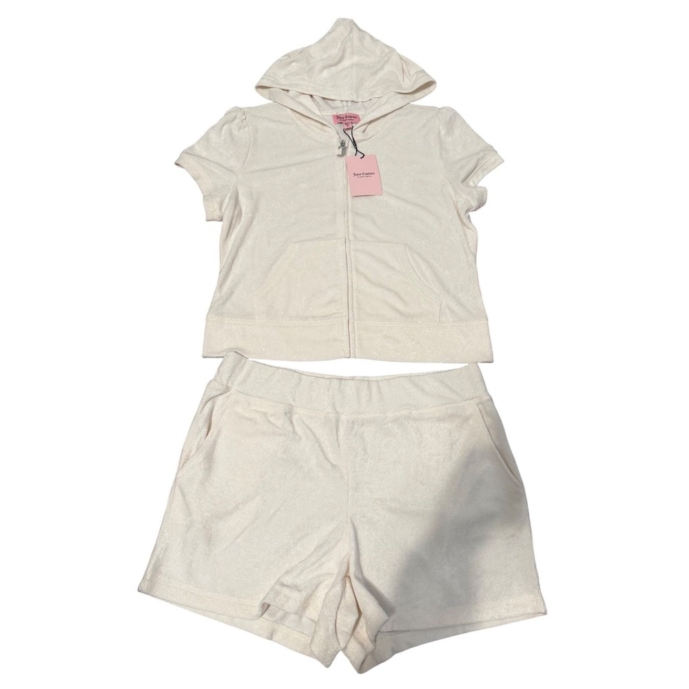 Juicy Couture Terry Cloth Tracksuit Set Hoodie Shorts Cream‎ Rhinestone Logo L
